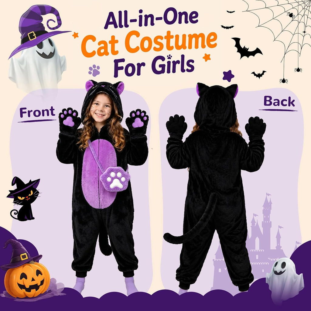 Black Cat Costume for Girls - Halloween Costume for Kids Role Play with Bag