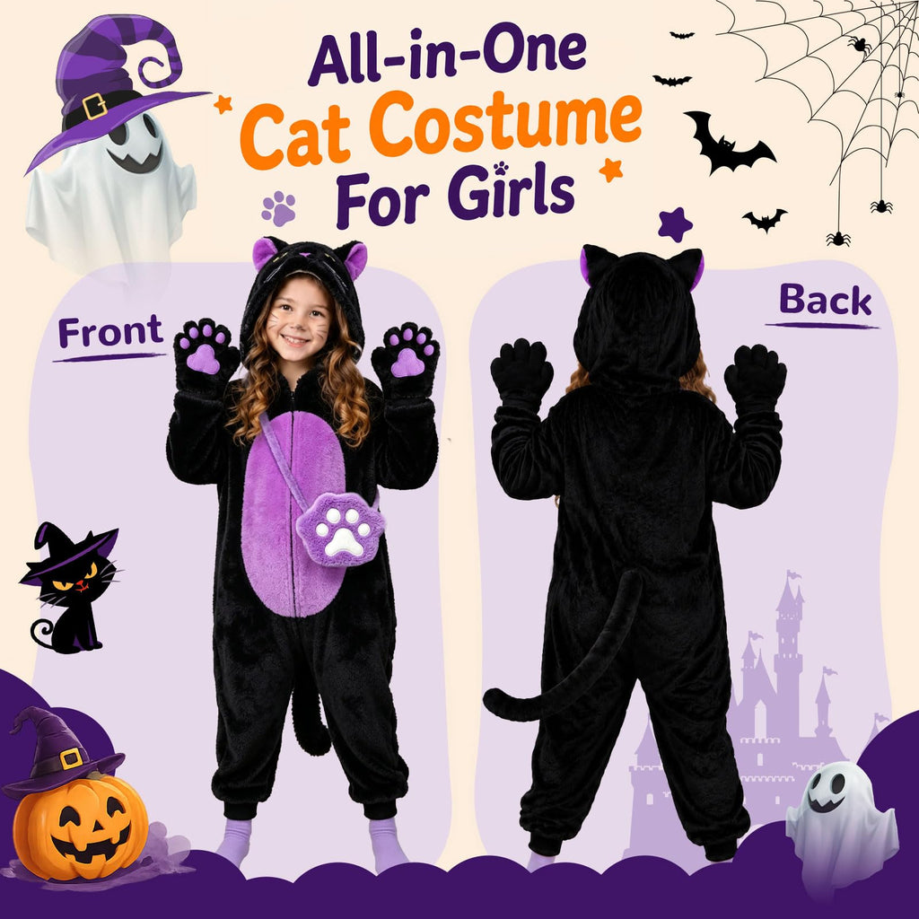 Black Cat Costume for Girls - Halloween Costume for Kids Role Play with Bag