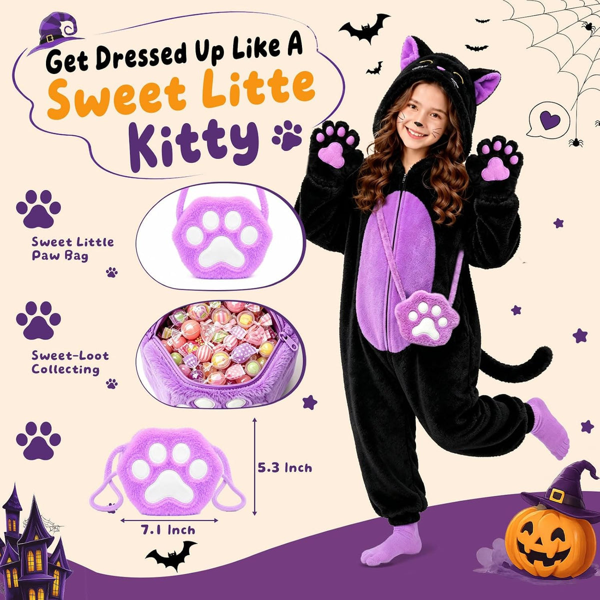 Black Cat Costume for Girls - Halloween Costume for Kids Role Play with Bag