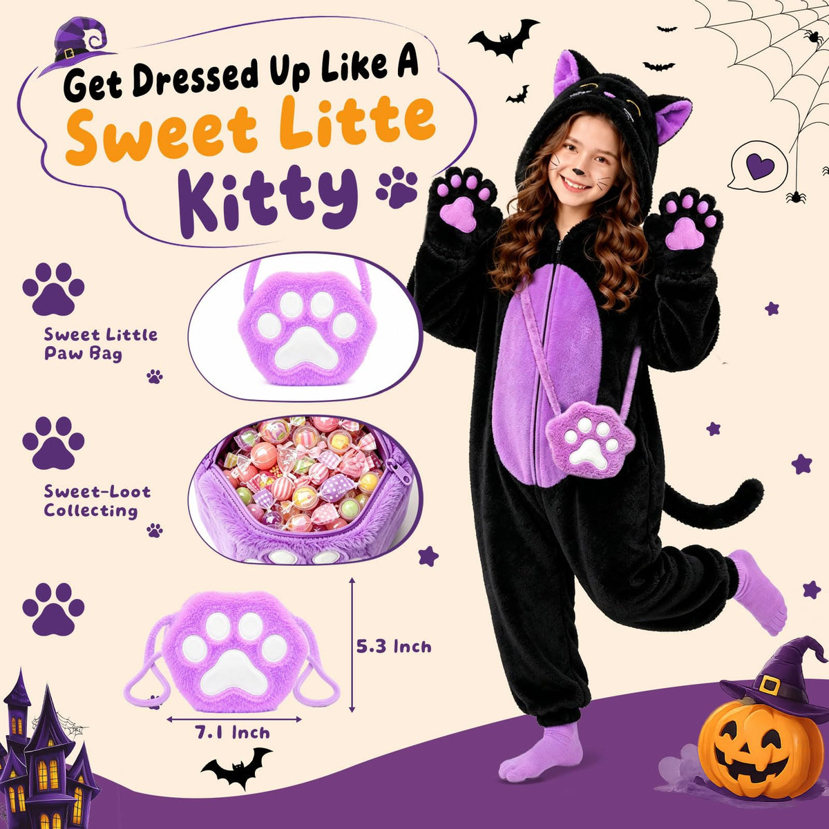 Black Cat Costume for Girls - Halloween Costume for Kids Role Play with Bag