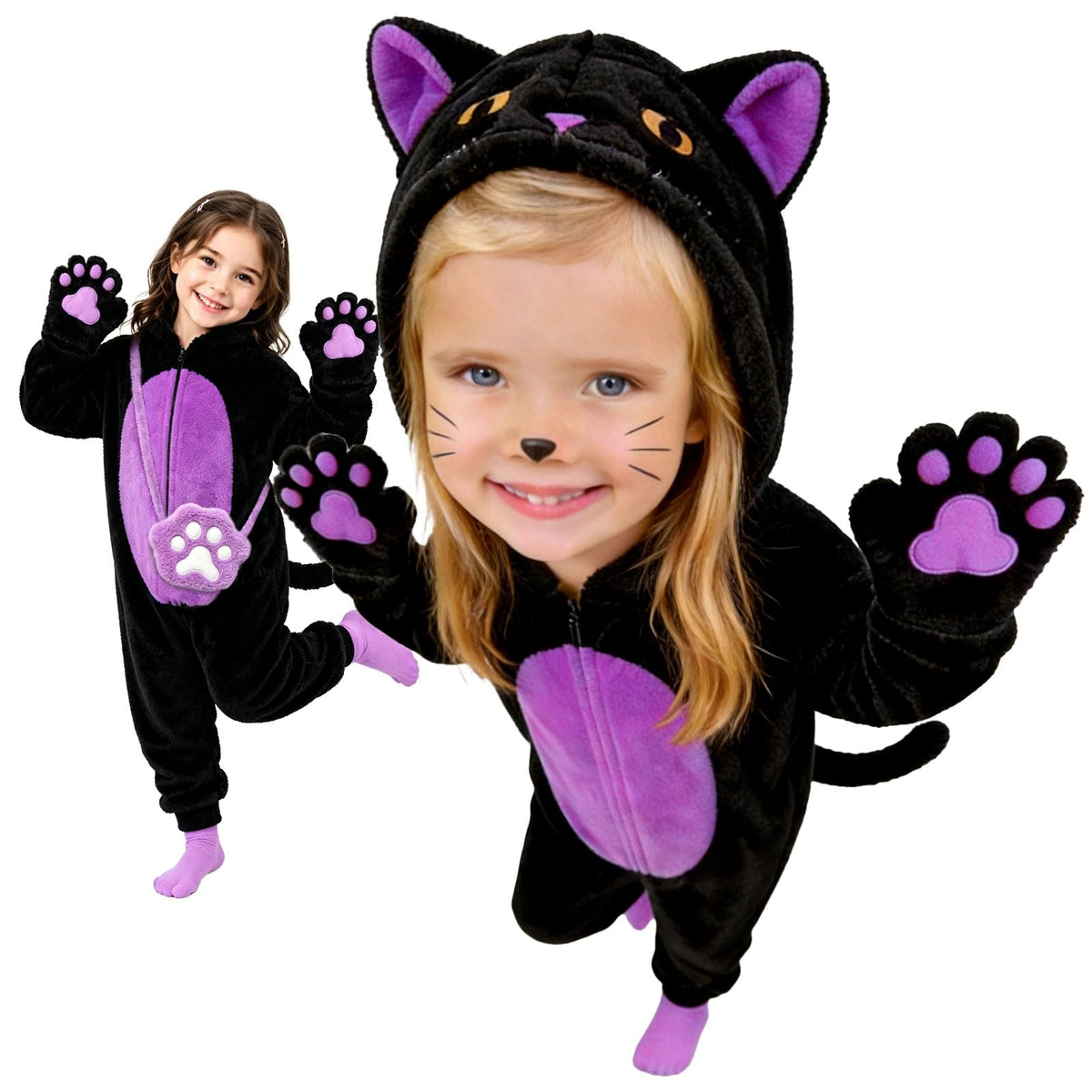 Black Cat Costume for Girls - Halloween Costume for Kids Role Play with Bag