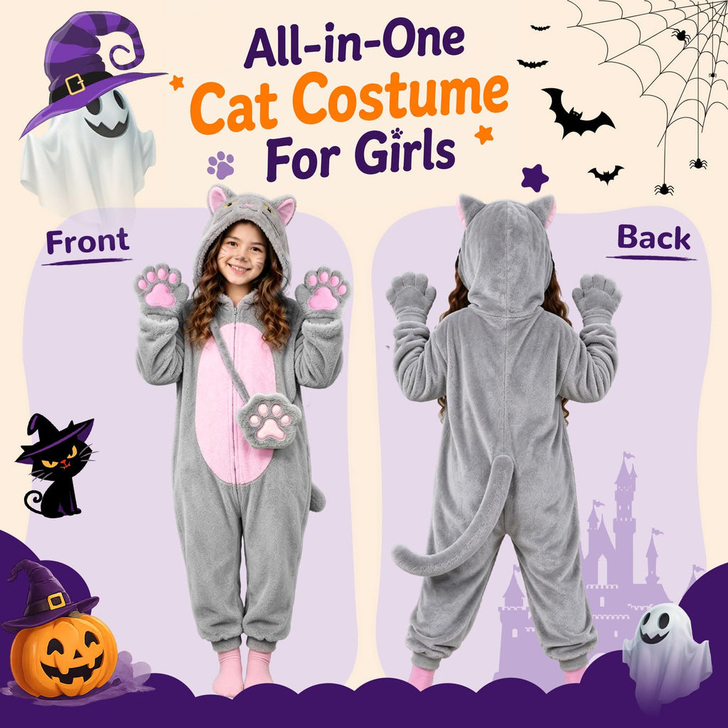 Black Cat Costume for Girls - Halloween Costume for Kids Role Play with Bag