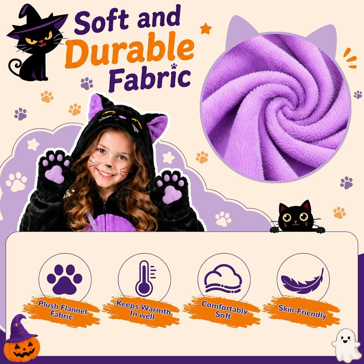 Black Cat Costume for Girls - Halloween Costume for Kids Role Play with Bag