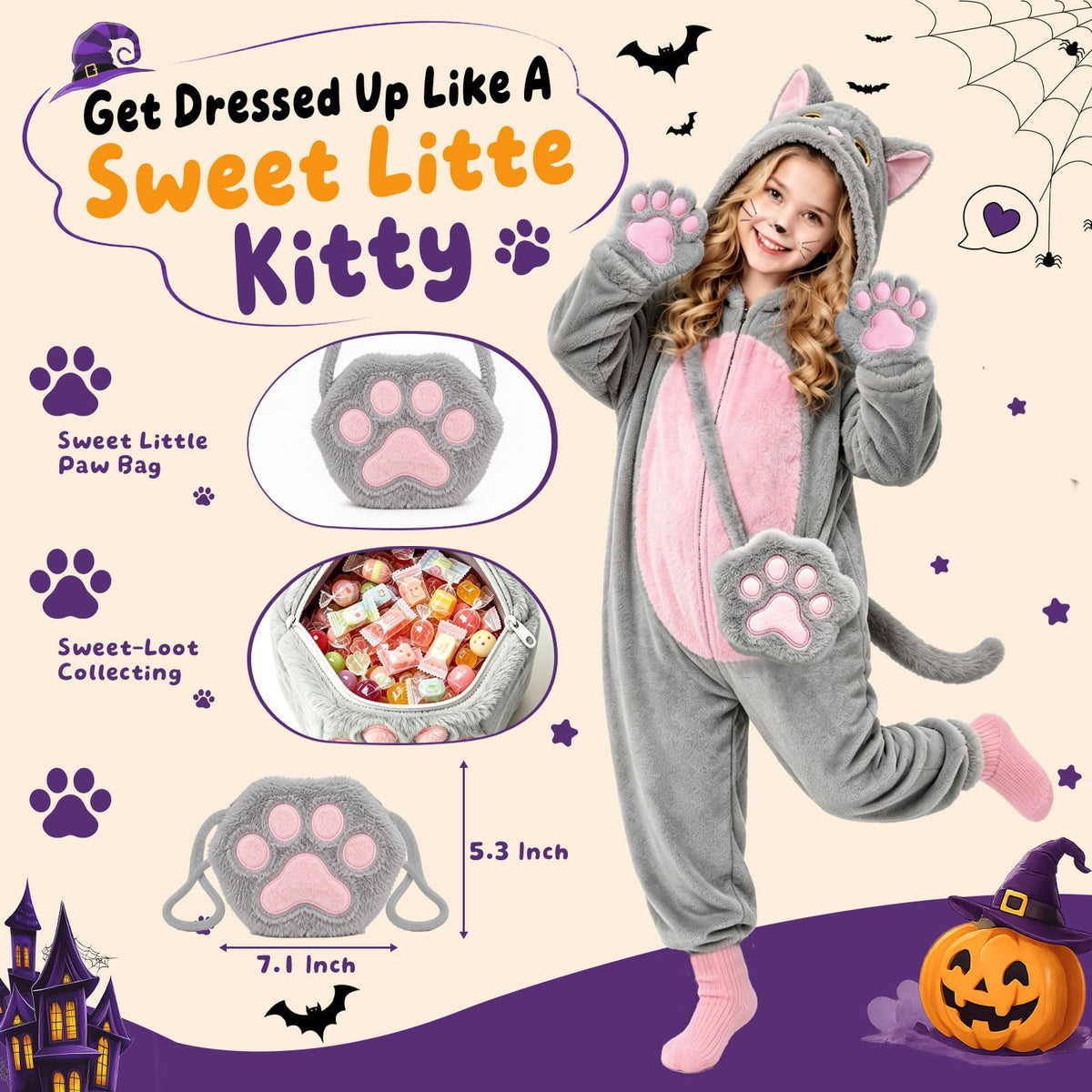 Black Cat Costume for Girls - Halloween Costume for Kids Role Play with Bag
