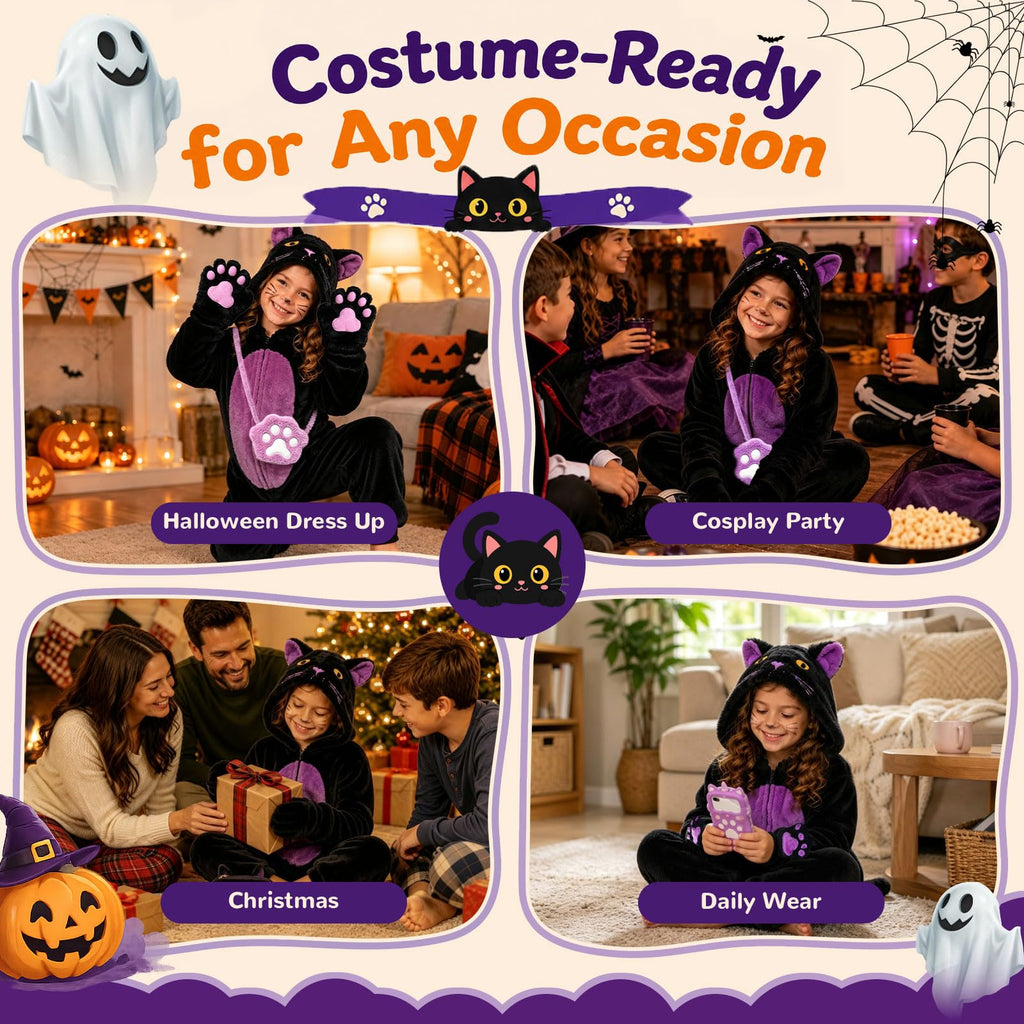 Black Cat Costume for Girls - Halloween Costume for Kids Role Play with Bag