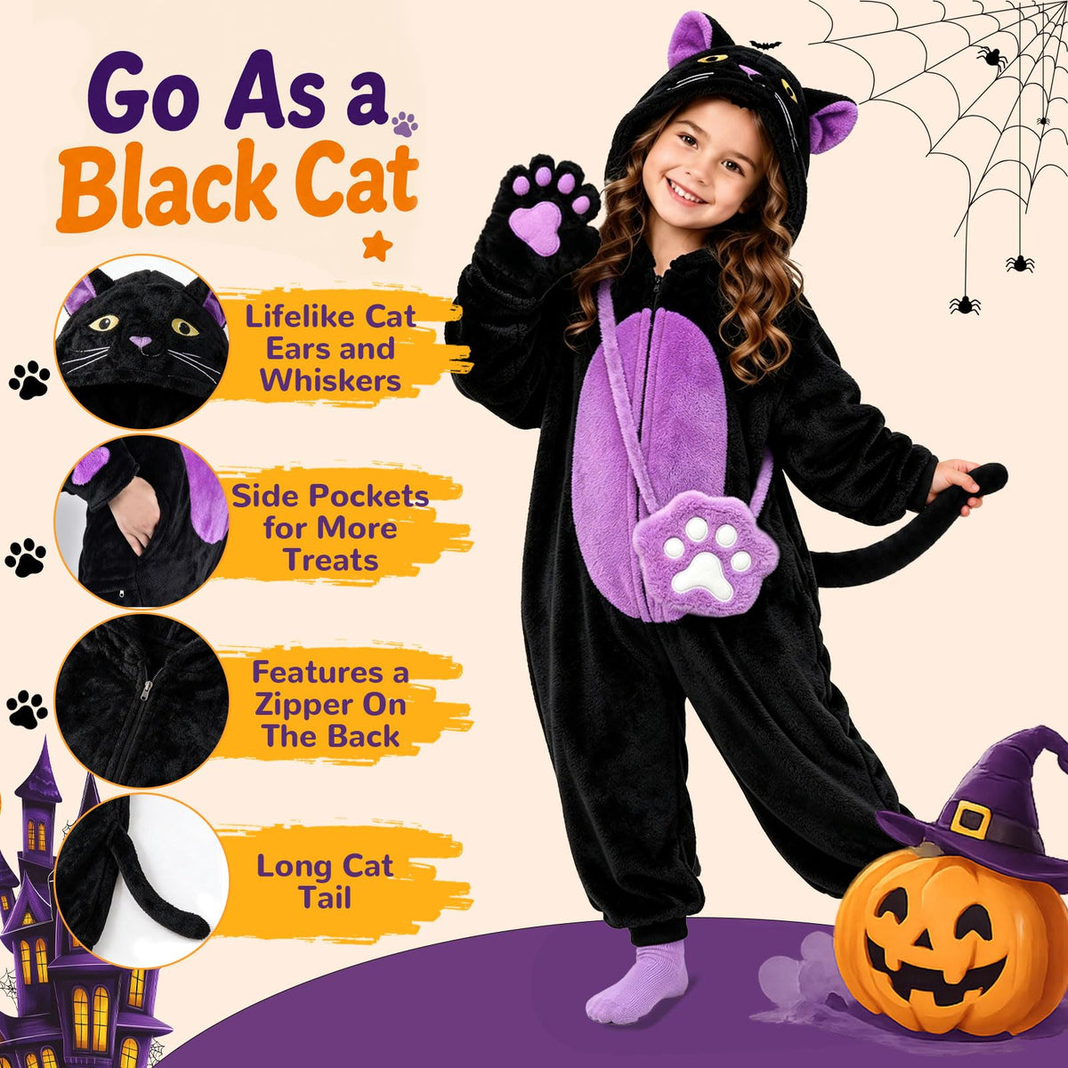Black Cat Costume for Girls - Halloween Costume for Kids Role Play with Bag